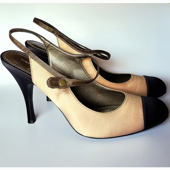 7.5M Linea Paolo Cap Toe Black Beige Olive Green Sling Back Satin Heels Unused - Picture 4 of 10